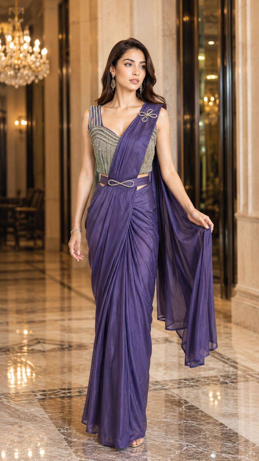 102399 By Amoha Trendz 01 To 06 Series Indian Traditional Wear Collection Fancy Colorful Party Wear CHINON Stitched Sarees At Wholesale Price